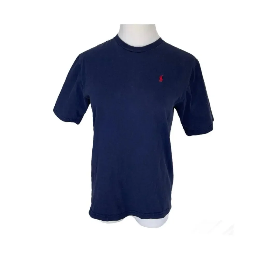 Boys M 10 Ralph Lauren Short Sleeve Navy Blue Tee Shirt Red Polo Pony